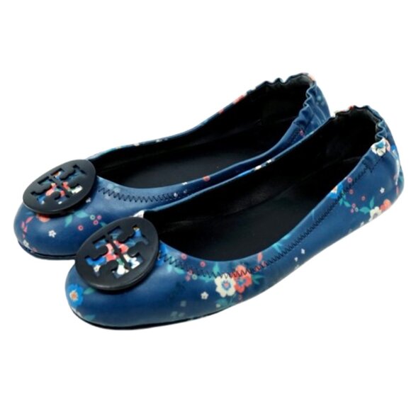TORY BURCH~Minnie Travel~ BLUE LEATHER BALLET FLATS SHOES~ Pansy Bouquet SZ 8.5 - Picture 1 of 6
